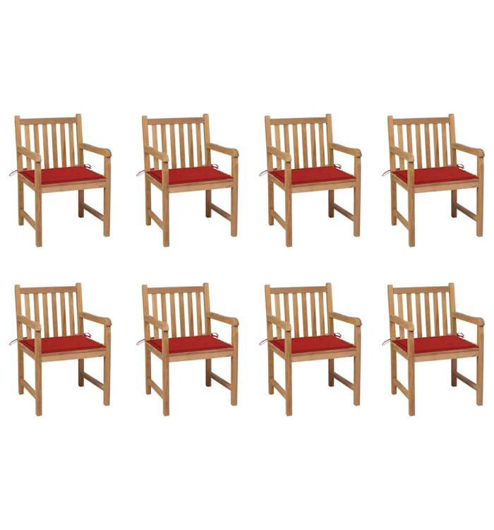 Chaises de jardin lot de 8 avec coussins rouge Bois teck massif | Mobilier & Déco