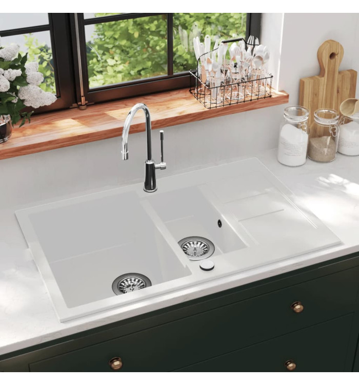Évier de cuisine Granit Double lavabo Blanc | Mobilier & Déco