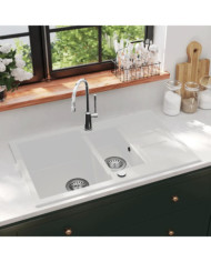 Évier de cuisine Granit Double lavabo Blanc | Mobilier & Déco
