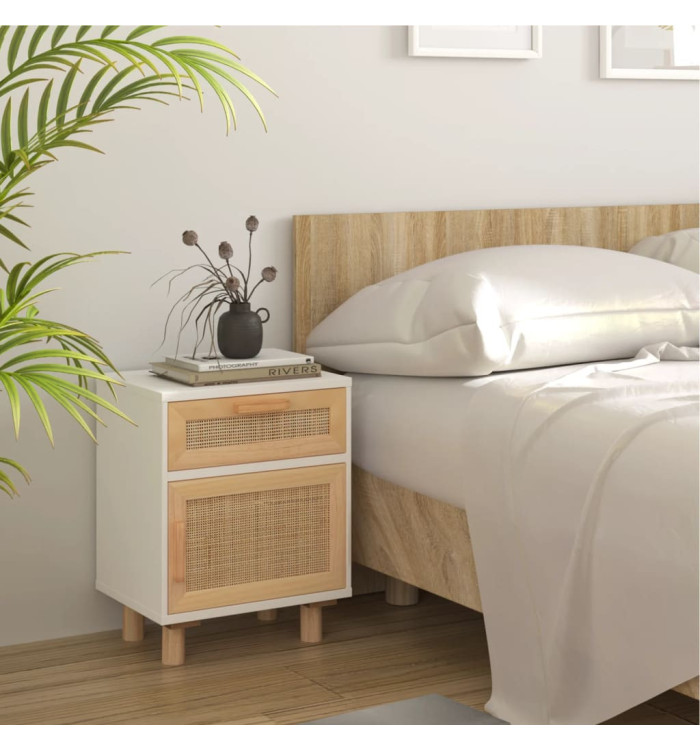Table de chevet Blanc Bois de pin massif et rotin naturel | Mobilier & Déco