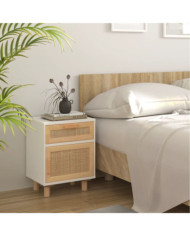 Table de chevet Blanc Bois de pin massif et rotin naturel | Mobilier & Déco