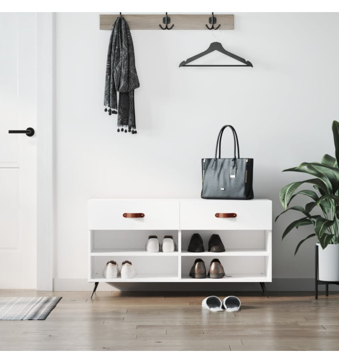 Banc à chaussures blanc brillant 102x35x55 cm bois d'ingénierie | Mobilier & Déco
