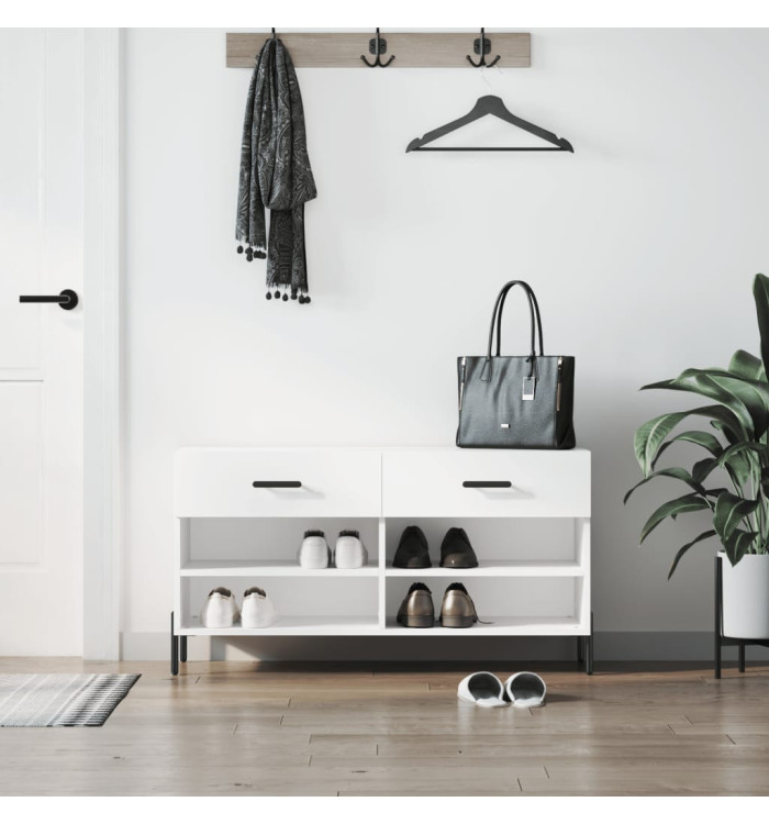 Banc à chaussures blanc brillant 102x35x55 cm bois d'ingénierie | Mobilier & Déco