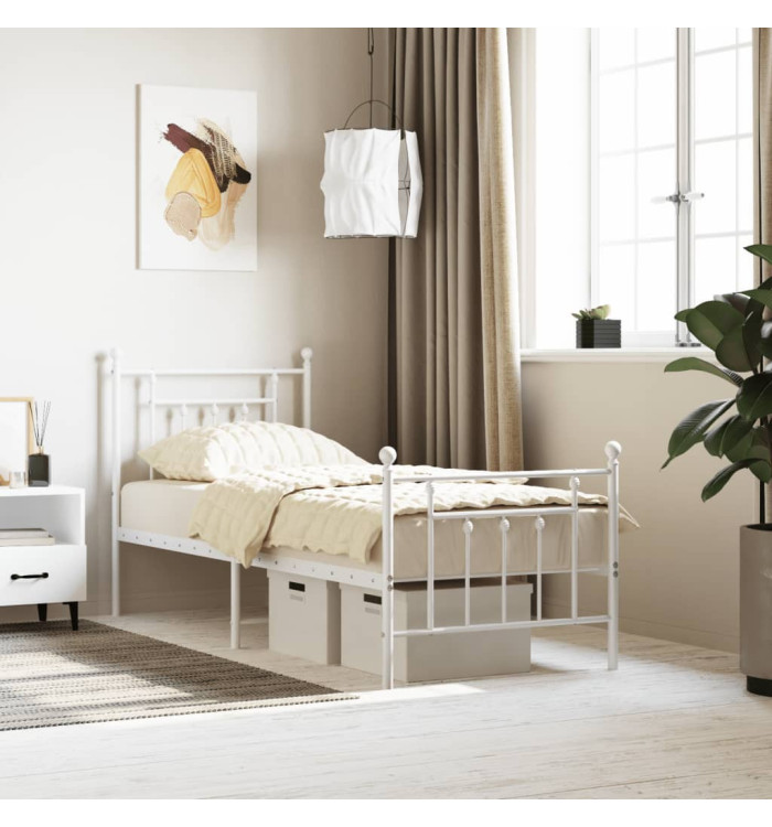 Cadre de lit métal sans matelas avec pied de lit blanc 75x190cm | Mobilier & Déco