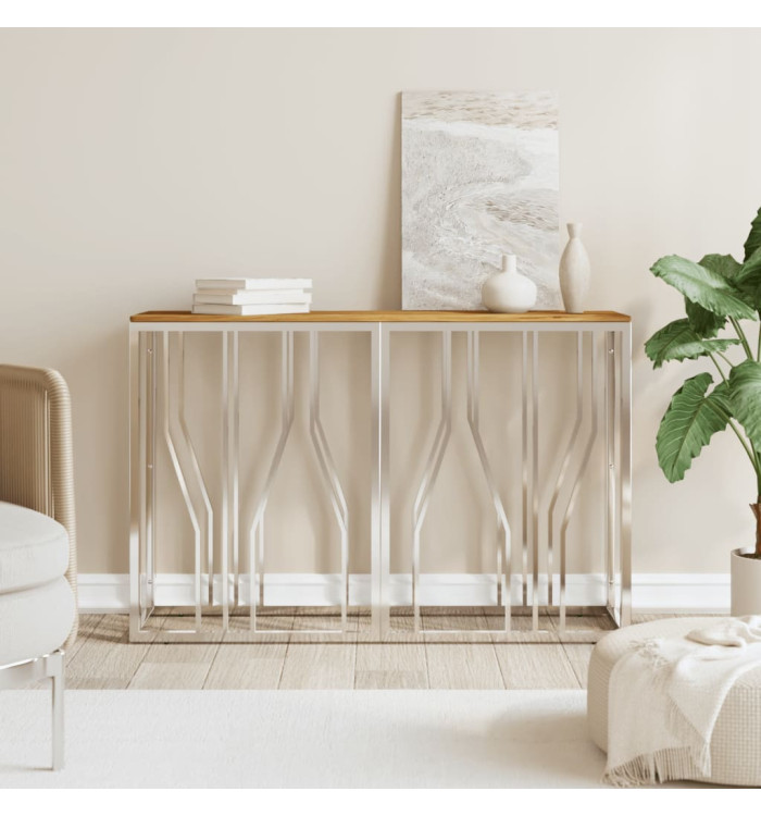 Table console argenté acier inoxydable et bois massif d'acacia | Mobilier & Déco