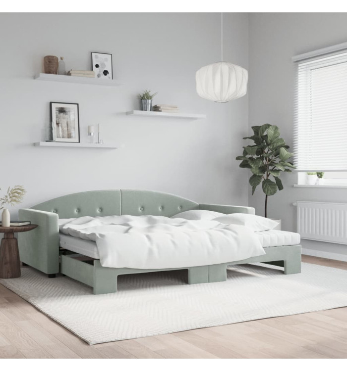 Lit de jour avec gigogne et matelas gris clair 90x200cm velours | Mobilier & Déco