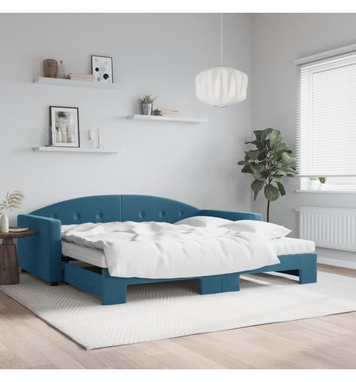Lit de jour avec lit gigogne et matelas bleu 100x200 cm velours | Mobilier & Déco