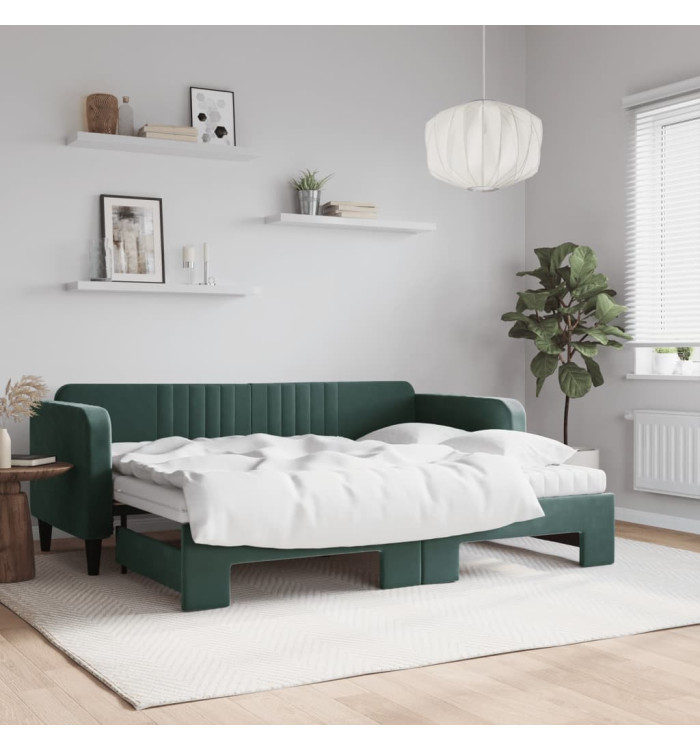 Lit de jour avec gigogne et matelas vert foncé 80x200cm velours | Mobilier & Déco