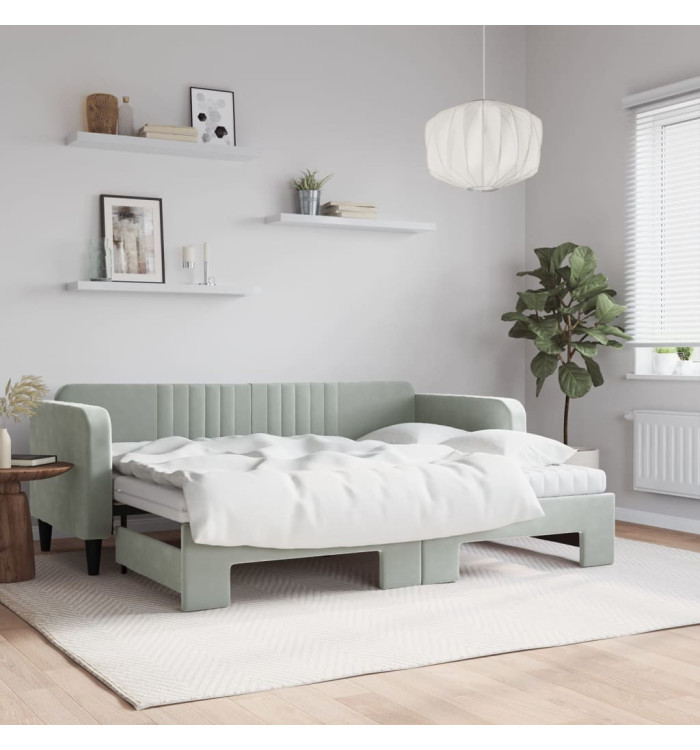 Lit de jour avec gigogne et matelas gris clair 80x200cm velours | Mobilier & Déco