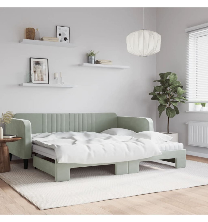 Lit de jour et gigogne et matelas gris clair 100x200 cm velours | Mobilier & Déco