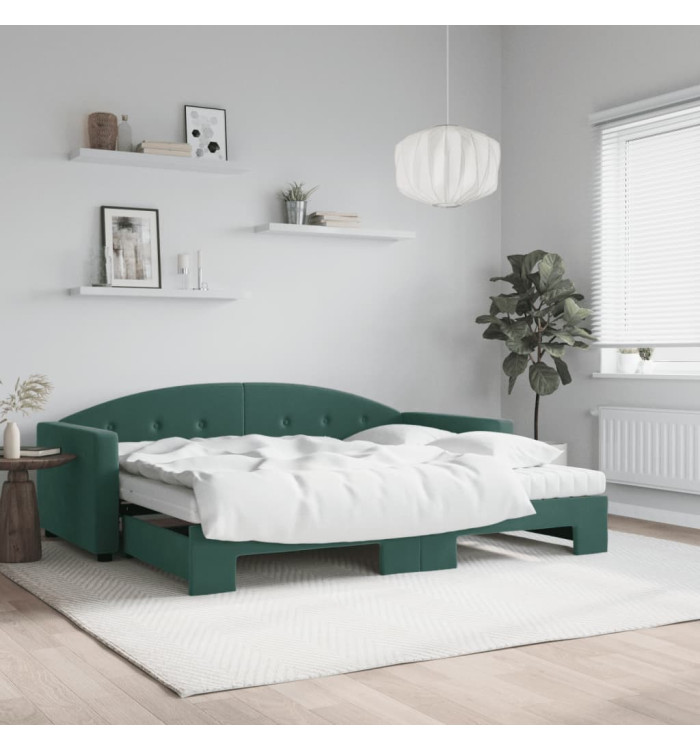 Lit de jour avec gigogne et matelas vert foncé 90x200cm velours | Mobilier & Déco