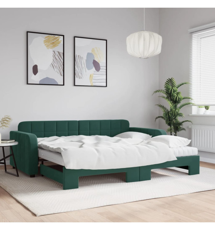 Lit de jour avec gigogne et matelas vert foncé 90x200cm velours | Mobilier & Déco