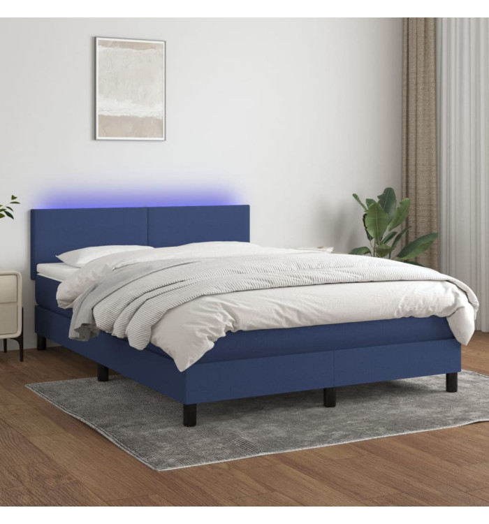 Sommier à lattes de lit avec matelas LED Bleu 140x200 cm Tissu | Mobilier & Déco