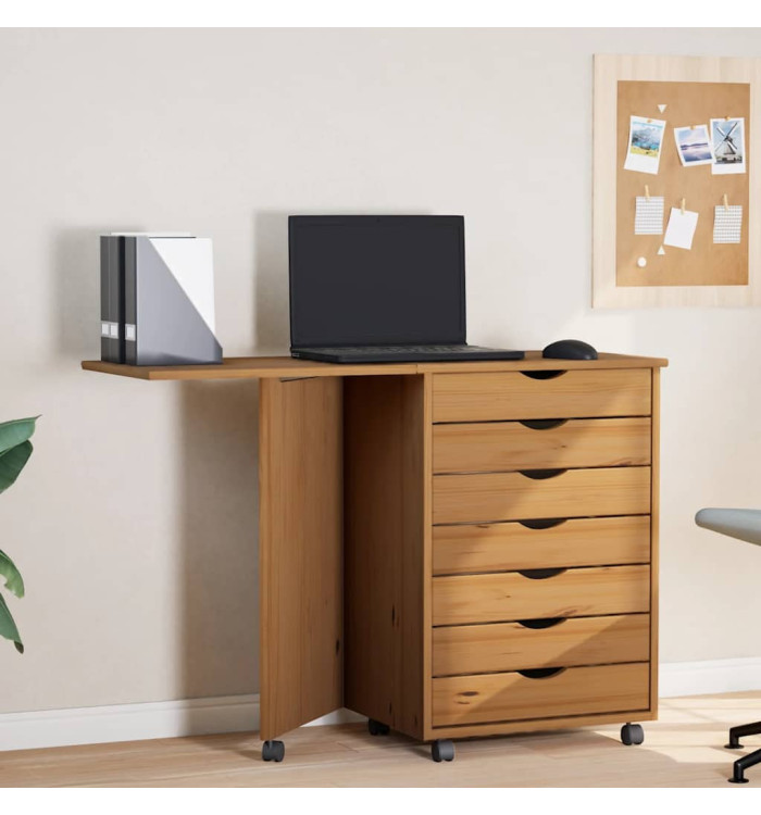 Armoire roulante avec bureau MOSS marron miel bois de pin | Mobilier & Déco