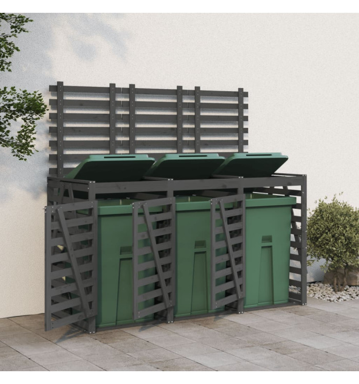 Abri pour poubelle triple sur roulettes gris bois massif de pin | Mobilier & Déco