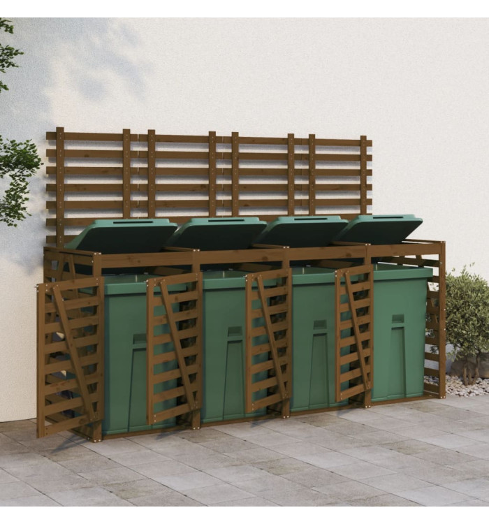 Abri pour poubelle quadruple sur roulettes marron miel bois pin | Mobilier & Déco
