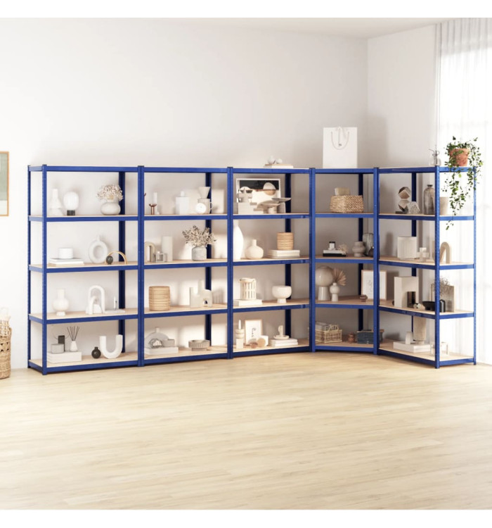 Étagères à 5 niveaux 5 pcs Bleu Acier et bois d'ingénierie | Mobilier & Déco