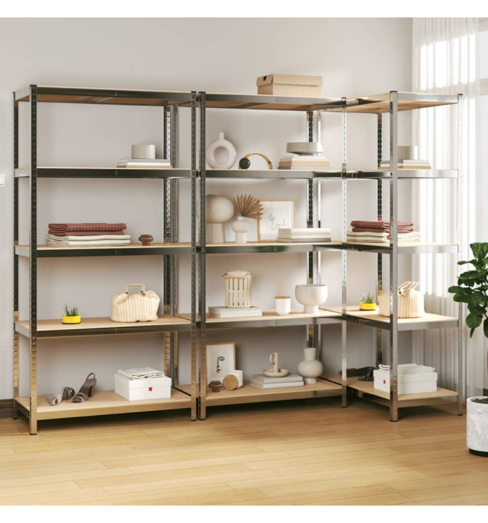 Étagères à 5 niveaux 3 pcs Argenté Acier et bois d'ingénierie | Mobilier & Déco