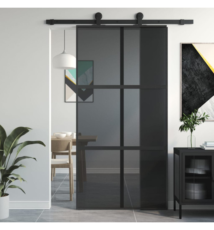 Porte coulissante noir 102,5x205 cm verre trempé aluminium | Mobilier & Déco
