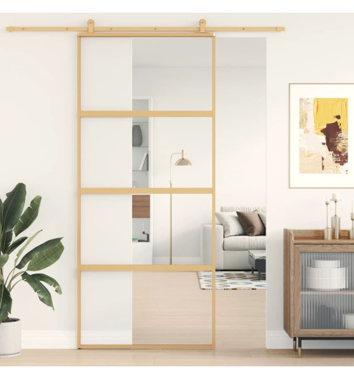 Porte coulissante doré 90x205 cm verre ESG clair et aluminium | Mobilier & Déco