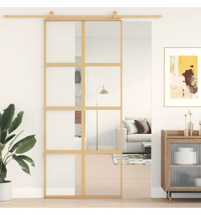 Porte coulissante doré 90x205 cm verre ESG clair et aluminium | Mobilier & Déco