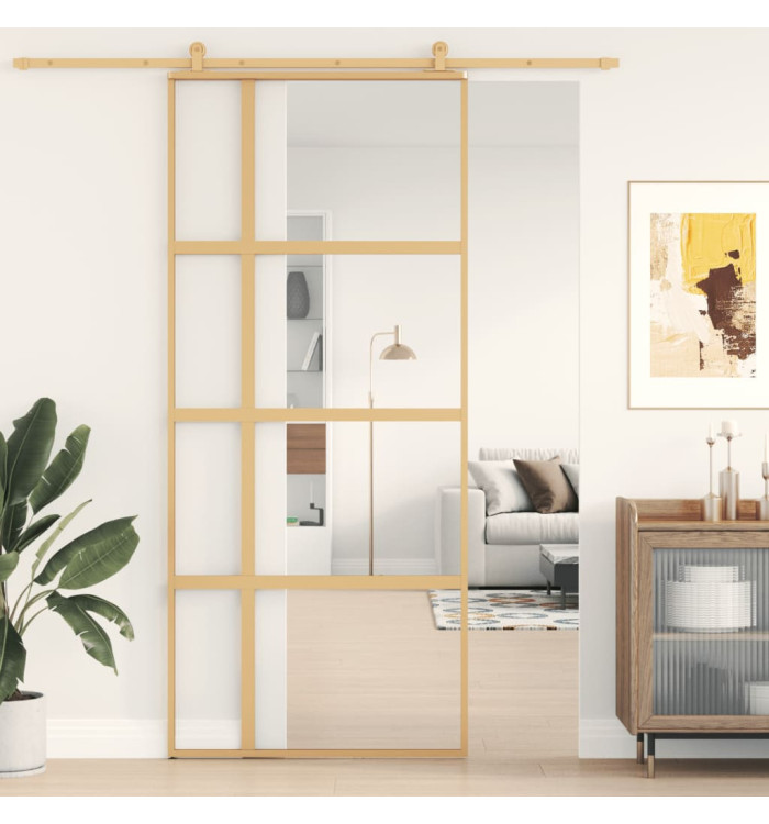 Porte coulissante doré 90x205 cm verre ESG clair et aluminium | Mobilier & Déco