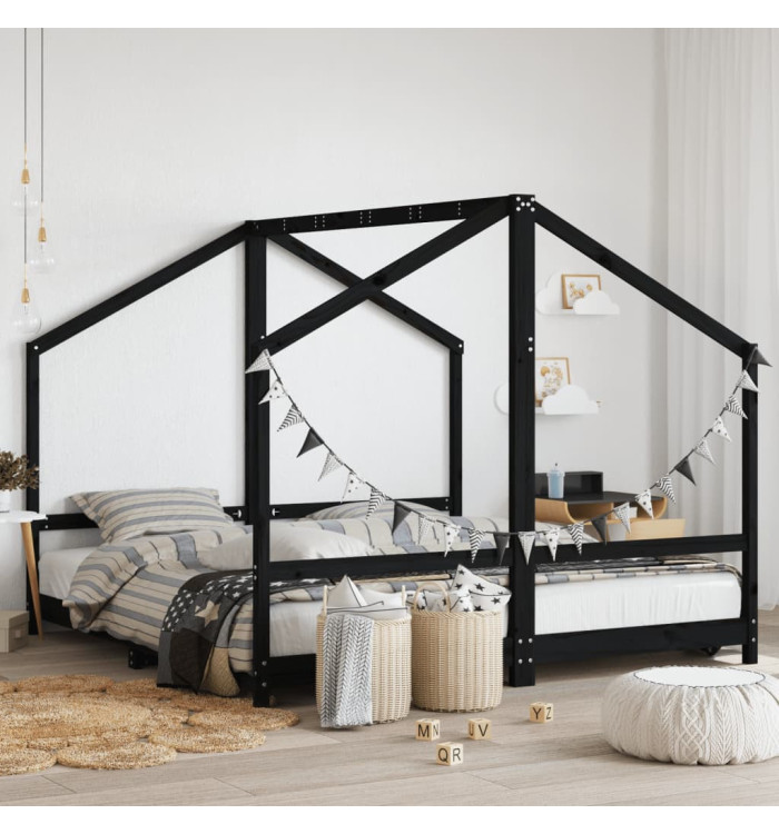 Cadre de lit pour enfants noir 2x(90x190) cm bois de pin massif | Mobilier & Déco