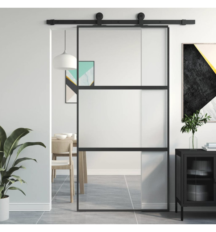 Porte coulissante noir 102,5x205 cm verre trempé aluminium | Mobilier & Déco