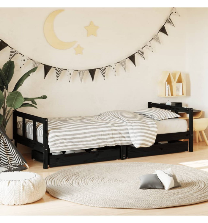 Cadre de lit enfant avec tiroirs noir 90x200 cm bois pin massif | Mobilier & Déco