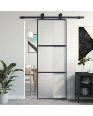 Porte coulissante noir 76x205 cm verre trempé aluminium | Mobilier & Déco