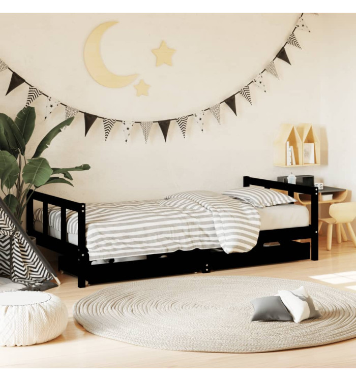 Cadre de lit d'enfants tiroirs noir 90x190cm bois de pin massif | Mobilier & Déco