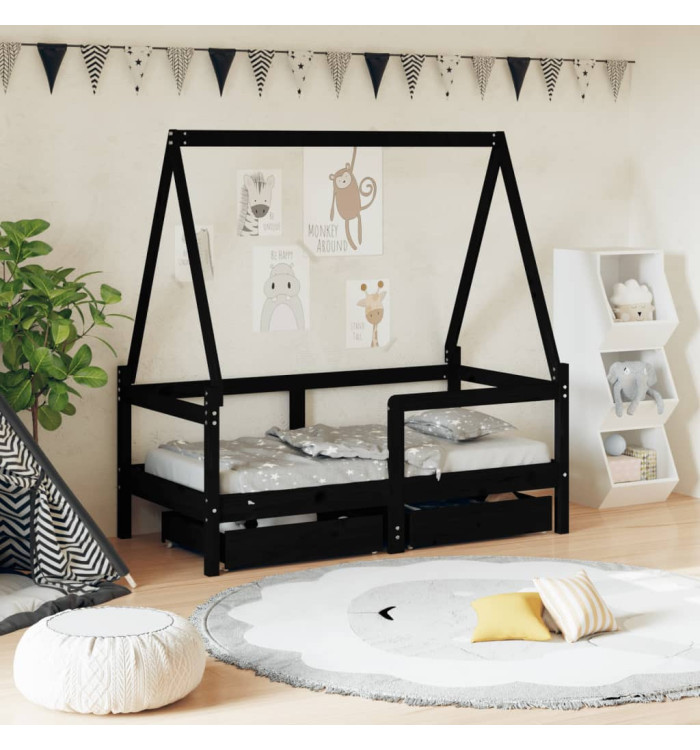 Cadre de lit enfant avec tiroirs noir 70x140 cm bois pin massif | Mobilier & Déco