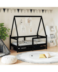Cadre de lit enfant avec tiroirs noir 70x140 cm bois pin massif | Mobilier & Déco