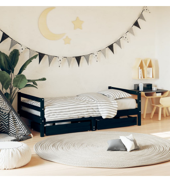 Cadre de lit pour enfant tiroirs noir 80x160 cm bois pin massif | Mobilier & Déco