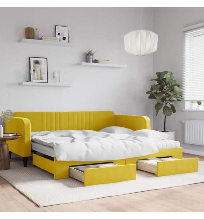 Lit de jour avec gigogne et tiroirs jaune 100x200 cm velours | Mobilier & Déco