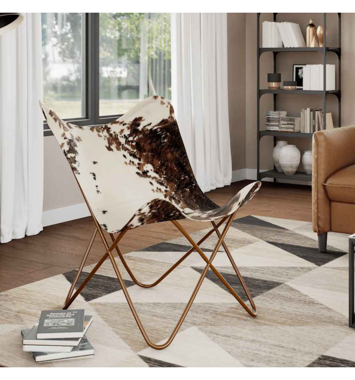 Chaise papillon marron et blanc cuir de vache | Mobilier & Déco