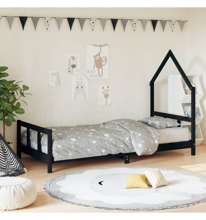 Cadre de lit pour enfants noir 90x200 cm bois de pin massif | Mobilier & Déco
