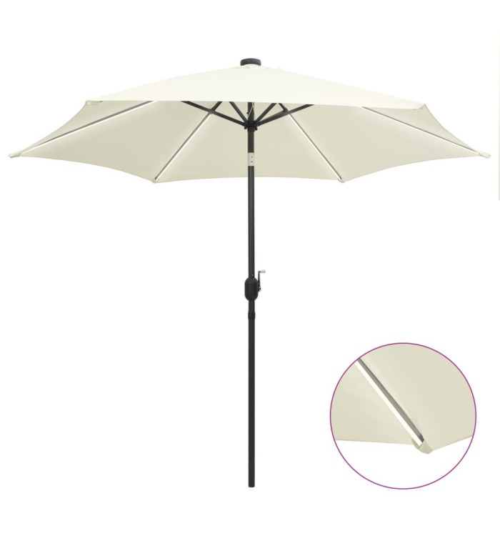 Parasol de jardin et lumières LED mât en aluminium blanc sable | Mobilier & Déco