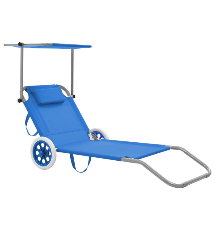Chaise longue pliable avec auvent et roues Acier Bleu | Mobilier & Déco