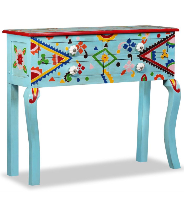 Table console Bois de manguier massif Bleu peint à la main | Mobilier & Déco