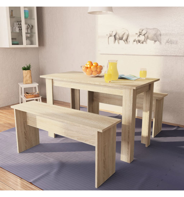 Table à manger et bancs 3 pcs Bois d'ingénierie Chêne | Mobilier & Déco