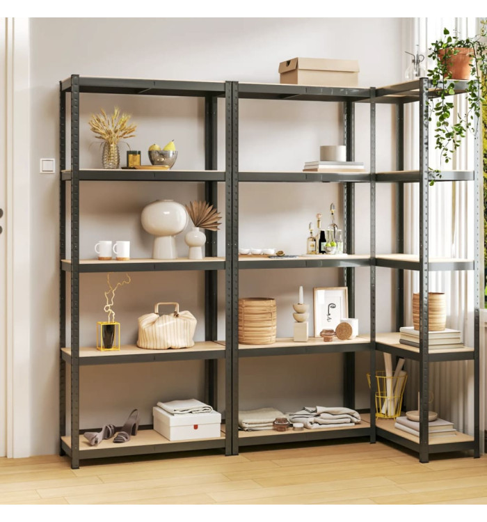 Étagères à 5 niveaux 3pcs Anthracite Acier et bois d'ingénierie | Mobilier & Déco
