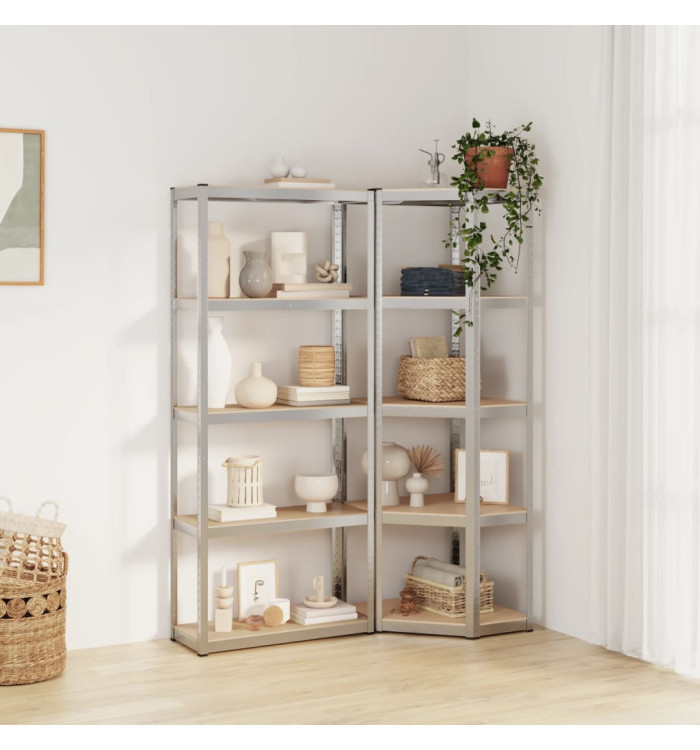 Étagères à 5 niveaux 2 pcs Argenté Acier et bois d'ingénierie | Mobilier & Déco