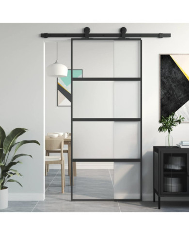 Porte coulissante noir 90x205 cm verre trempé aluminium | Mobilier & Déco