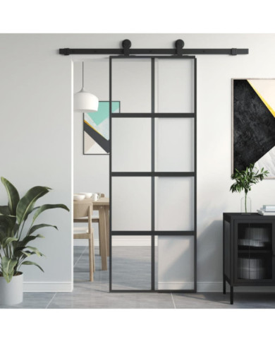 Porte coulissante noir 76x205 cm verre trempé aluminium | Mobilier & Déco