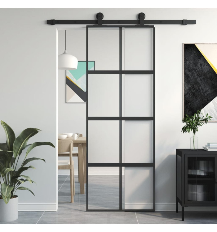Porte coulissante noir 76x205 cm verre trempé aluminium | Mobilier & Déco