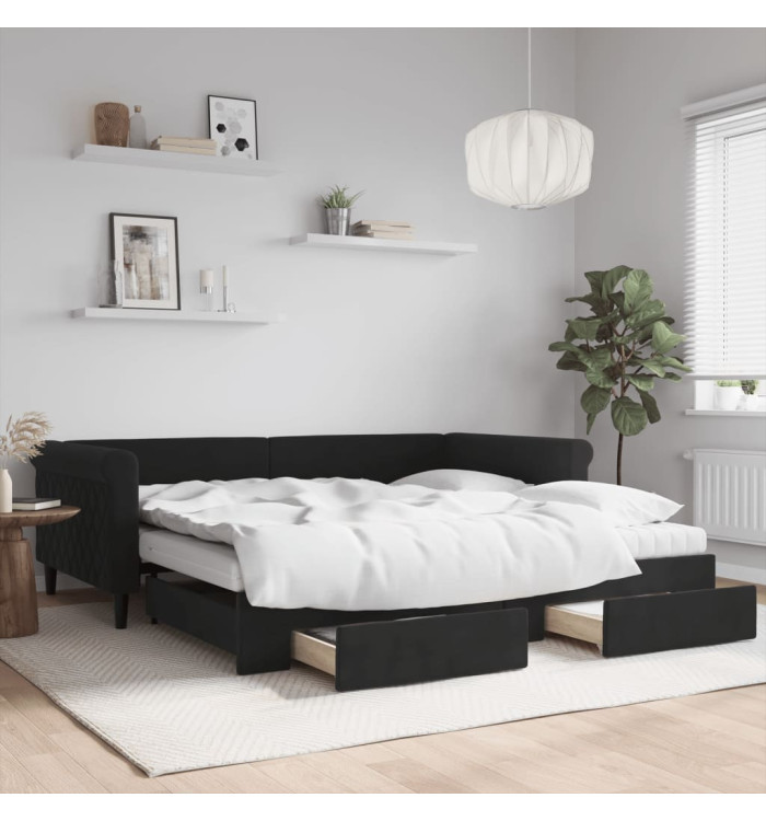 Lit de jour avec gigogne et tiroirs noir 100x200 cm velours | Mobilier & Déco