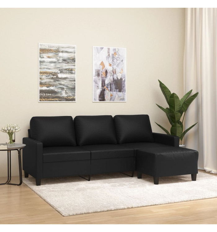 Canapé à 3 places avec repose-pieds Noir 180 cm Similicuir | Mobilier & Déco