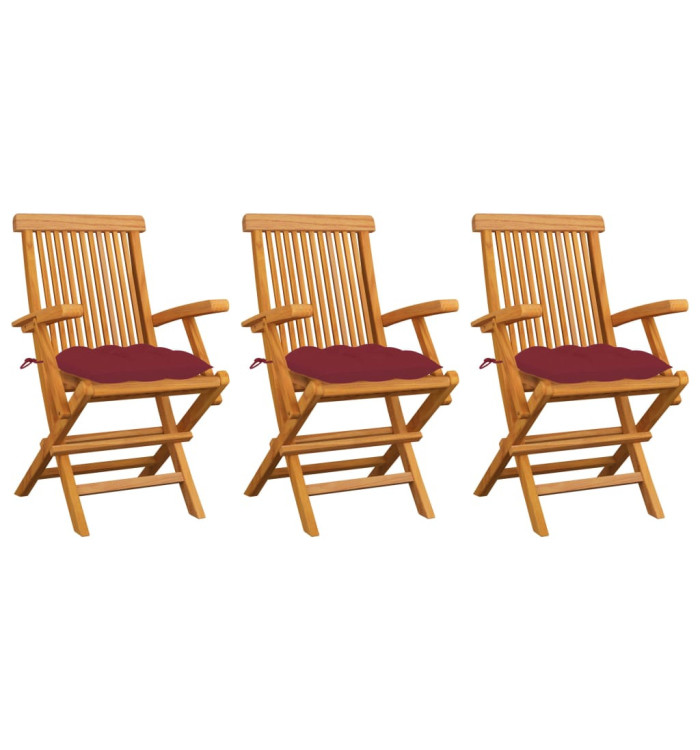 Chaises de jardin avec coussins rouge bordeaux lot de 3 Teck | Mobilier & Déco