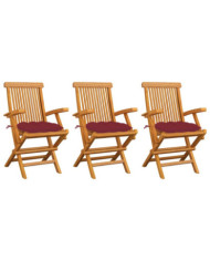 Chaises de jardin avec coussins rouge bordeaux lot de 3 Teck | Mobilier & Déco